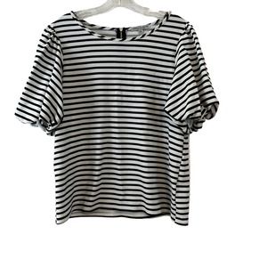 Green Envelope Puff Sleeve Striped Top Partial Zip Back Size Large